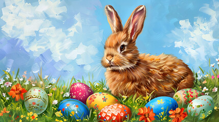 banner for Easter, bunny with Easter eggs in a field against the sky with copy space, in oil style with place for text