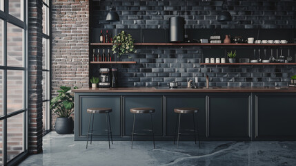 Dark stylish office kitchen interior with bar counter on grey tile concrete floor. Minimalist...