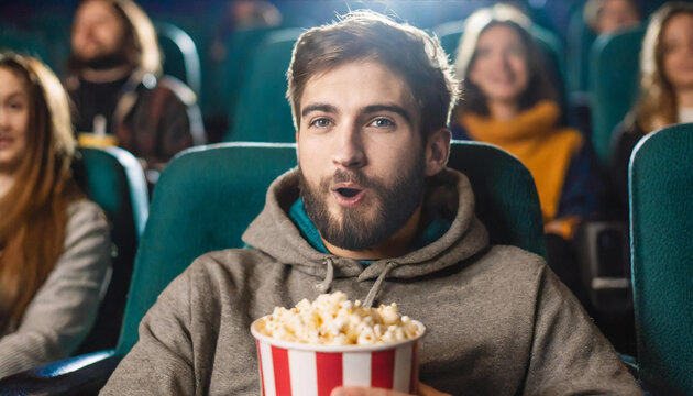 person watching movie in cinema; eating popcorn