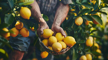 job advertisement for picking lemons with space for text, lemon picker collecting lemons close-up with space for text
