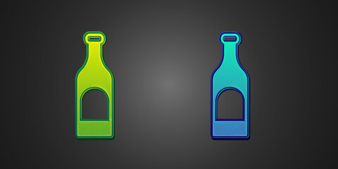 Green and blue Bottle of wine icon isolated on black background. Vector