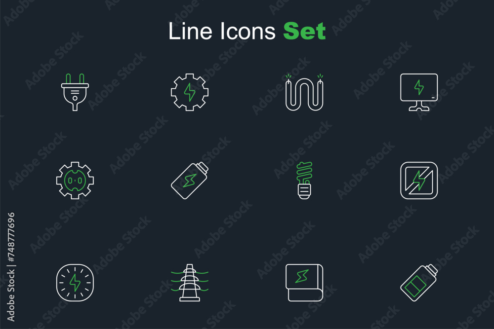 Poster Set line Battery charge, Book about electricity, Electric tower line, Lightning bolt, No lightning, LED bulb, and Electrical outlet icon. Vector