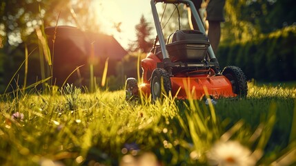 Lawn Maintenance with a Trusty Lawnmower - obrazy, fototapety, plakaty