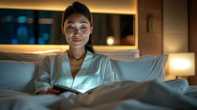 Young Asian woman enjoying a book in a cozy, well-lit bedroom at night