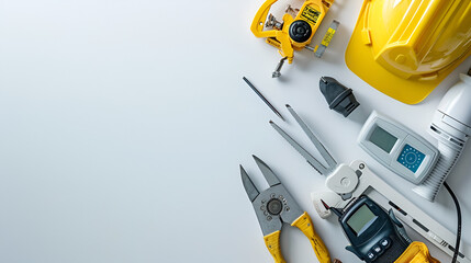 tools and yellow construction helmet on a white background with copy space