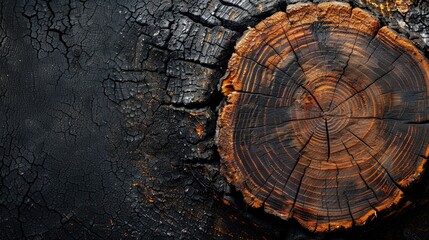 Charred Wood Texture with Growth Rings - obrazy, fototapety, plakaty