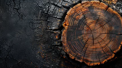 Fotobehang Charred Wood Texture with Growth Rings © Volodymyr Skurtul
