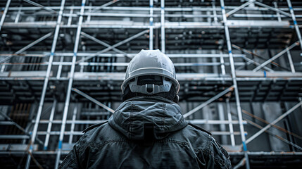 builder in a white hardhat close-up against the background of a building under construction with space for text in black and white style