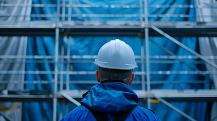 builder in a white helmet close-up against the background of a building under construction with space for text