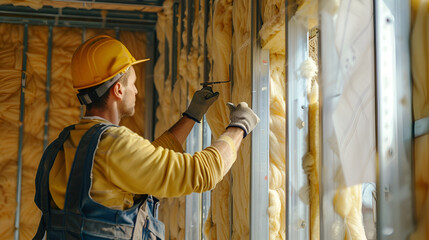 close-up worker in yellow hard hat insulating walls with space for text - obrazy, fototapety, plakaty