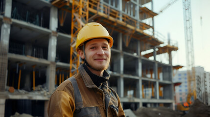 a construction worker in a yellow helmet stands with his back against the background of a building under construction with space for text