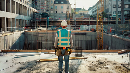 a builder in a white helmet stands with his back against the background of a building under construction with space for text