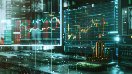 Close up of laptop on desktop with creative business forex chart hologram on blurry background. Finance, stock, trade and financial growth. Double exposure