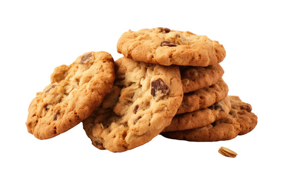 A stack of freshly baked chocolate chip cookies. The cookies are golden brown with dark chocolate chips scattered throughout. The image showcases a delicious and tempting treat for any chocolate lover