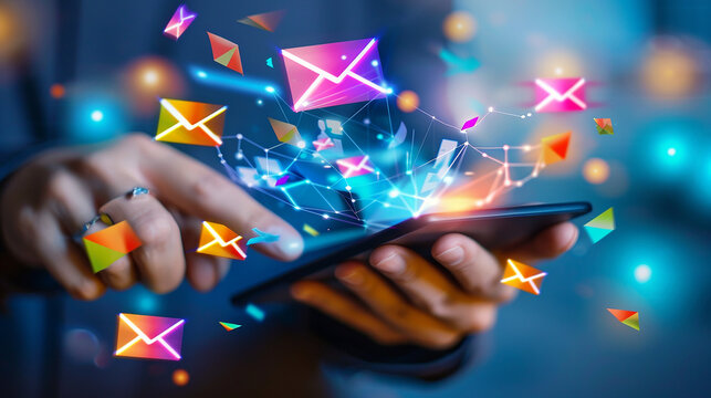 Digital Communication: Person holding a tablet computer adorned with icons and lights, symbolizing technology, business, and connectivity