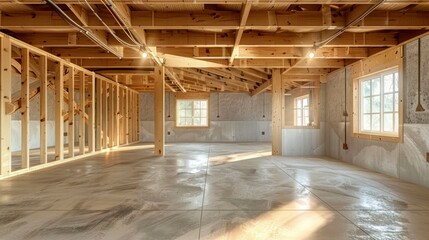 Exploring the Unfinished Interior of a Basement with Wooden Frames and Windows