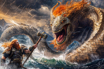 The Norse god Thor battling the Midgard Serpent at Ragnarock, mythology - obrazy, fototapety, plakaty