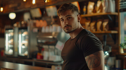 Fototapeta premium muscular man in a black t-shirt on the background of a diner with space for text