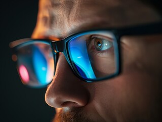Close-up of a man in front of a computer wearing glasses in the dark - obrazy, fototapety, plakaty