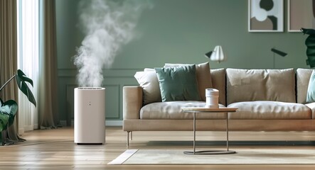 A Contemporary Air Purifier Enhancing Indoor Air Quality in a Stylish Living Room - obrazy, fototapety, plakaty