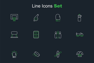 Naklejka premium Set line Kimono, Kayak and paddle, Hockey puck, Punch in boxing gloves, Football shoes, Bowling pin, field and Pommel horse icon. Vector