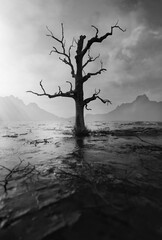 Cracked land and dead tree, 3D illustration - 748778663