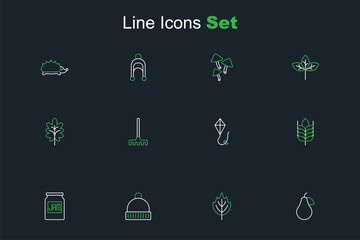 Set line Pear, Leaf, Winter hat, Jam jar, Wheat, Kite, Garden rake and icon. Vector