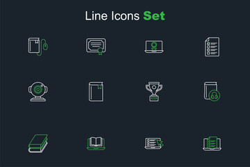 Set line Online quiz, test, survey, class, Book, Audio book, Award cup, and Web camera icon. Vector