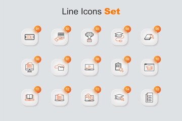 Set line Online quiz, test, survey, Graduation cap with cursor, Question and Answer, class, education, and play video icon. Vector