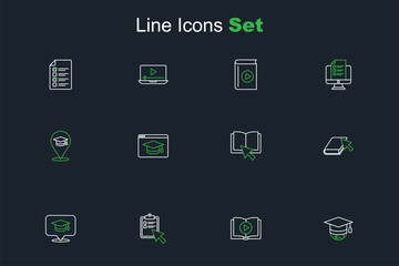 Set line Graduation cap on globe, Audio book, Online quiz, test, survey, speech bubble, education and icon. Vector