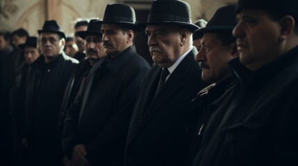 Funeral of a mafia boss. Sad faces. Mourning. People dressed in black - obrazy, fototapety, plakaty