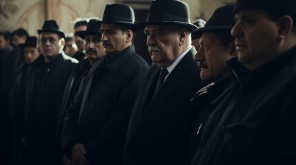 Funeral of a mafia boss. Sad faces. Mourning. People dressed in black