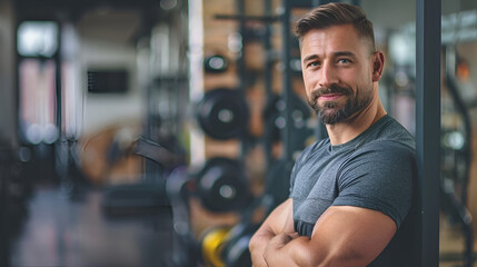 muscular trainer against the backdrop of a gym with copy space