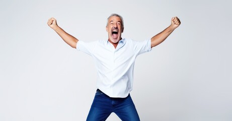 Jubilant victory in a high-definition portrait on white.