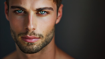 Obraz premium close-up portrait of a handsome, young brunette man with blue eyes on a dark background