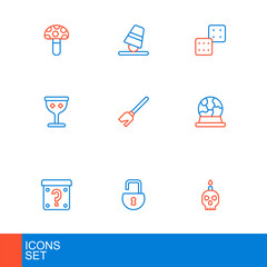 Set line Burning candle on skull, Open padlock, Mystery box, Magic ball, Medieval goblet, Witches broom, Game dice and thimbles icon. Vector