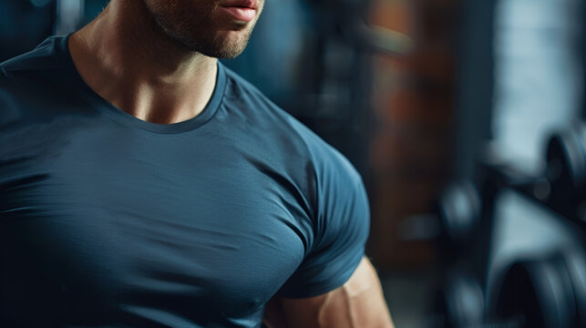 muscular guy model close-up on a dark background with an image for text