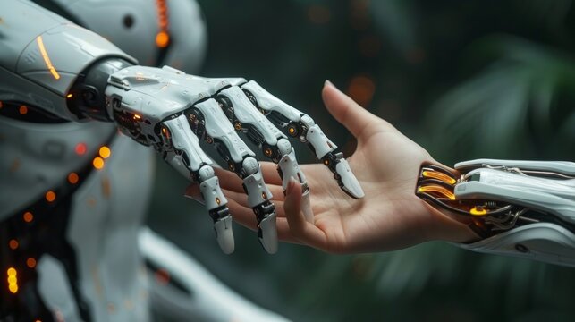 A robot hands a woman a hand. Two hands are positioned to make an offer. Conceptual design for business using artificial intelligence