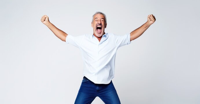 Jubilant victory in a high-definition portrait on white.