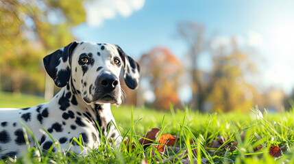 Dalmatian dog on a walk in the spring park
