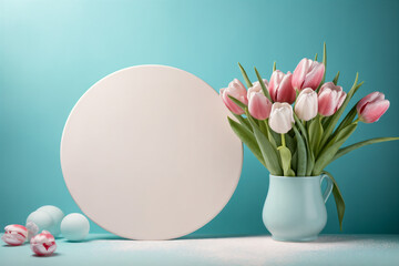 a vase with pink tulips and a white plate on a table with eggs on it and a blue background, generative ai