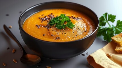 A Warm Bowl of Pumpkin Puree Soup Adorned with Parsley and Flax Seeds