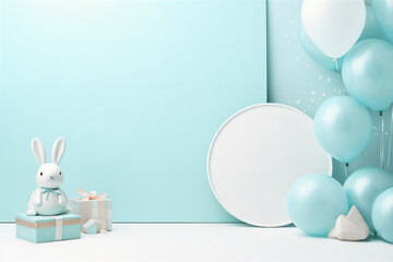 a blue and white backdrop with balloons and a bunny figurine next to a present box and a white balloon, generative ai