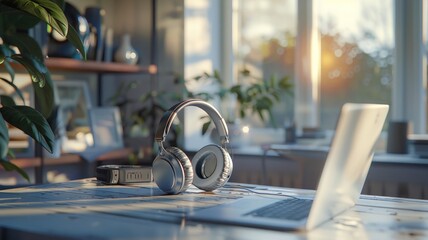 Warm sunlight spills over a cozy home office with headphones and laptop ready