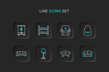 Set line Sofa, Floor lamp, Pouf, Armchair, Bunk bed and Wardrobe icon. Vector