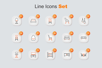 Set line Table with chair, TV table stand, Bunk bed, Office, Sofa, Big and Chair icon. Vector