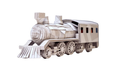 A paper model of a train. The intricate details of the train model are visible, including wheels, windows, and smokestack. The train appears to be stationary but exudes a sense of movement.