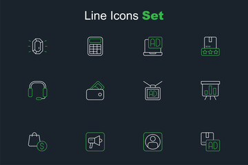 Naklejka premium Set line Advertising, Create account screen, Megaphone, shopping bag and dollar, Board with graph chart, Wallet money and Headphones icon. Vector