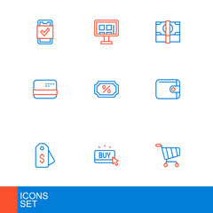 Set line Shopping cart, Buy button, Price tag with dollar, Wallet, Credit card, Discount percent, Stacks paper money cash and Online shopping screen icon. Vector
