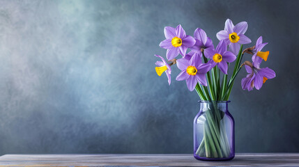Bouquet of lilac daffodils in a glass vase on a gray background, space for text